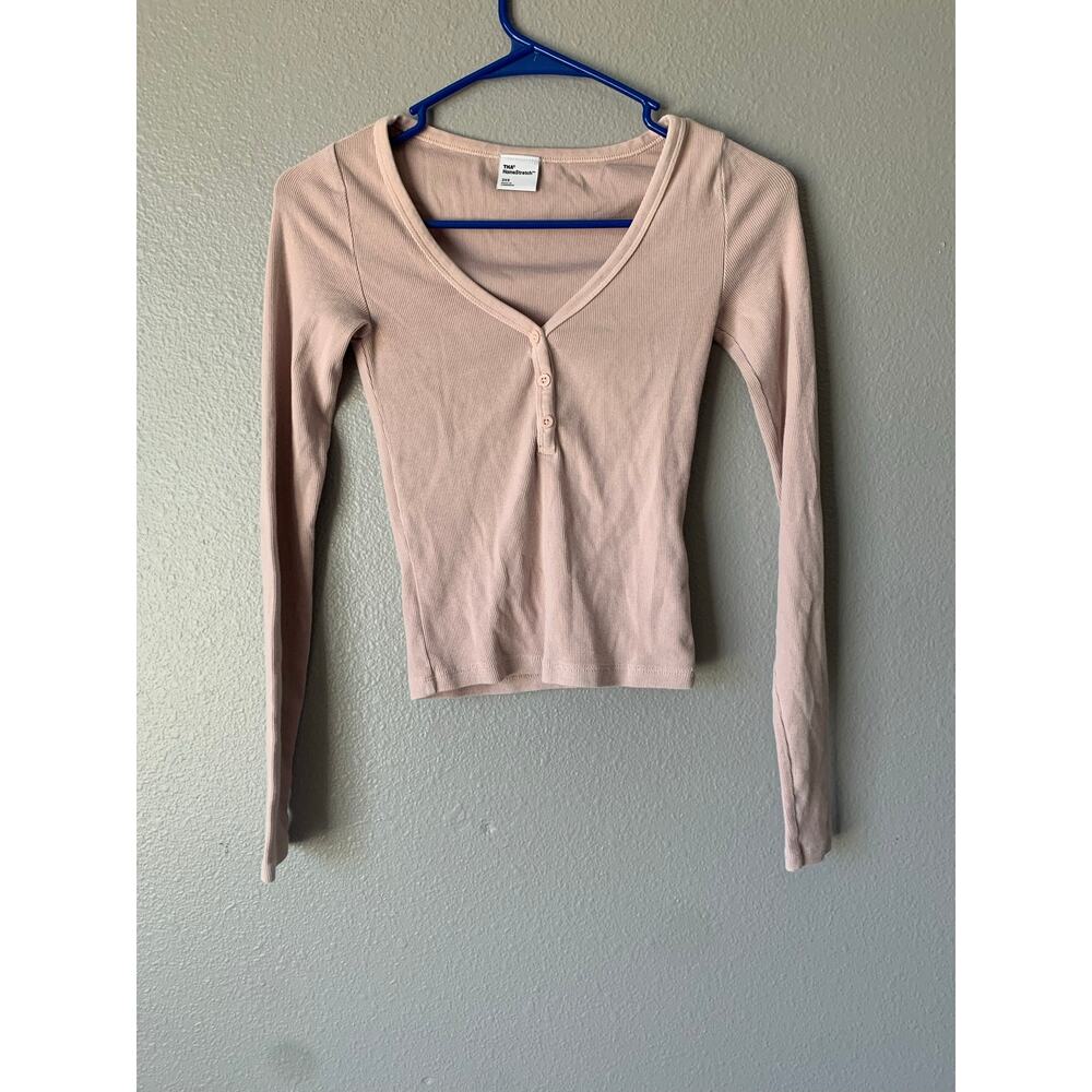 Aritzia TNA HomeStretch Ribbed Henley Long Sleeve Top Blush Pink Size 2XS